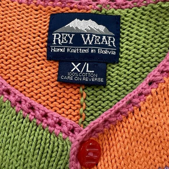 Rey Wear Colorblock Cardigan Sweater Womens XL Hand Knit Bolivia Cotton Buttons - Picture 6 of 11